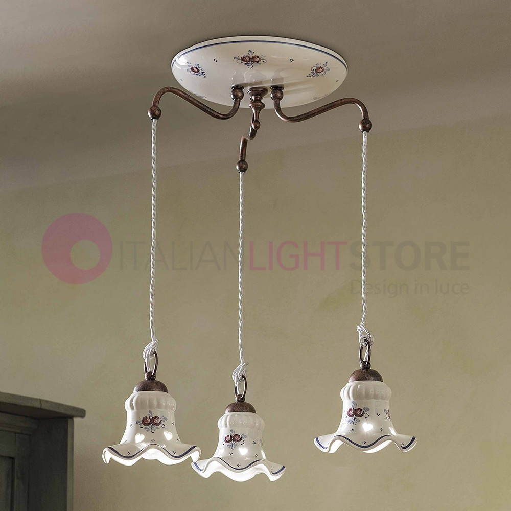 CHIETI FERROLUCE C202SO Suspension 3 lights Ceramic Decorated Rustic Circular Base