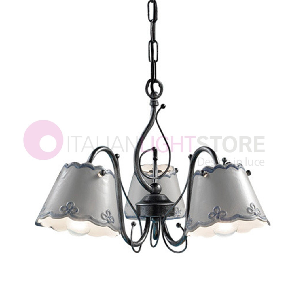 RAVENNA FERROLUCE C926LA Rustic Chandelier with 3 lights in Decorated Ceramic