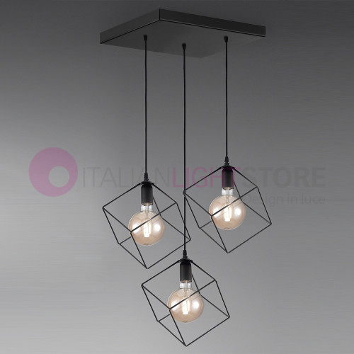 NURY Suspension mit 3 Leuchten Käfige Cube Metall Schwarz L. 16 Stil Vintage Industrie