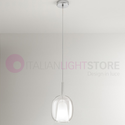 Composizione Sospensione in Vetro Borosilicato 8252TR trasparente con rosone 6247CL cromo lucido - Linea Rain Perenz Illumina